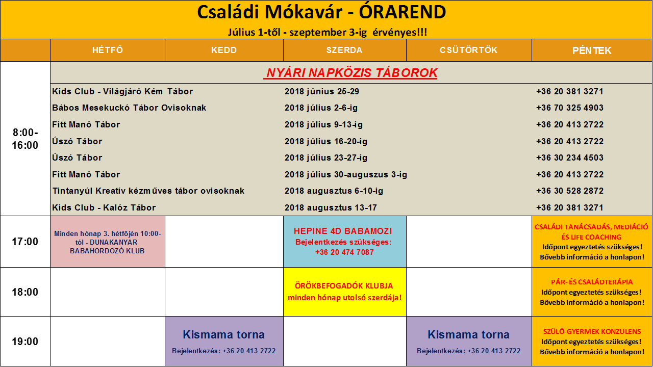 Családi Mókavár órarendje Családi Mókavár órarend