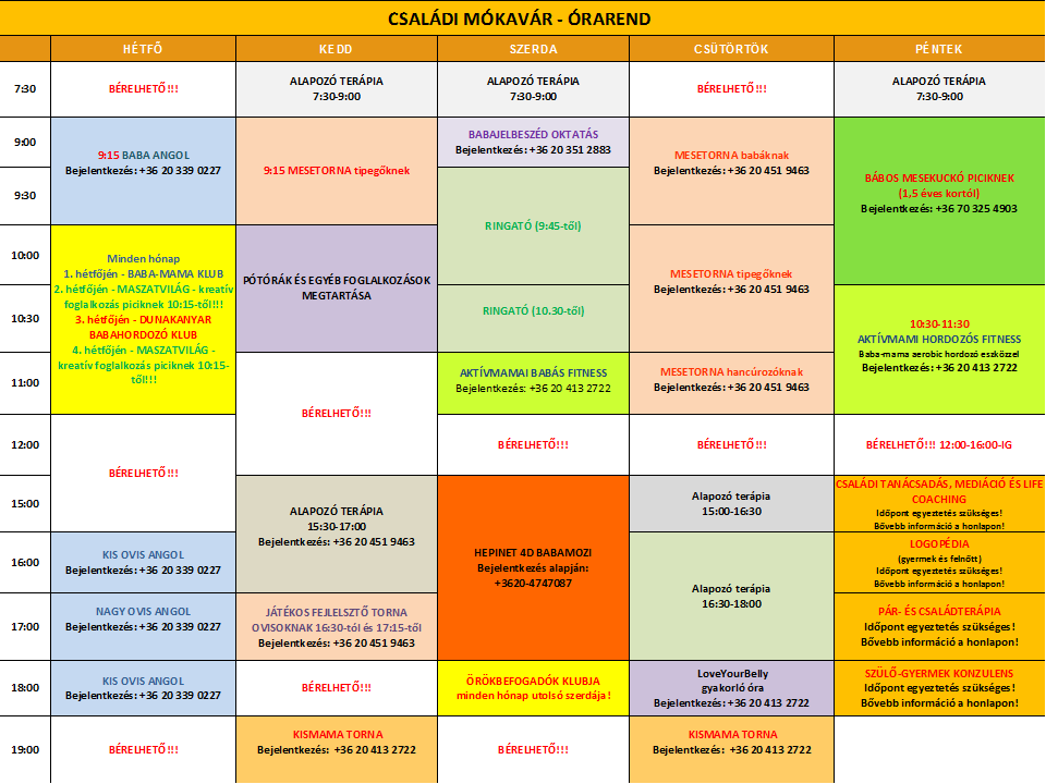 Családi Mókavár órarendje Családi Mókavár órarend