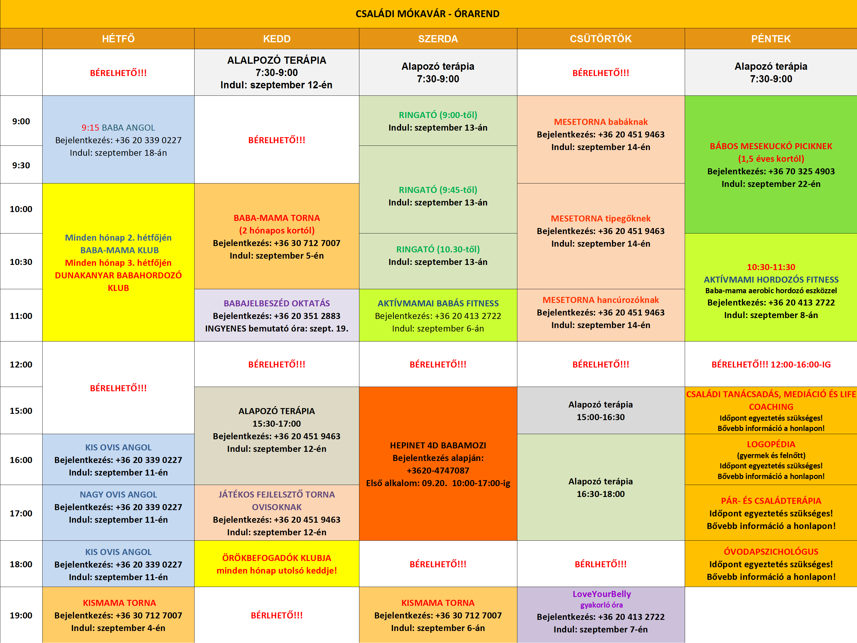 Családi Mókavár órarendje Családi Mókavár órarend